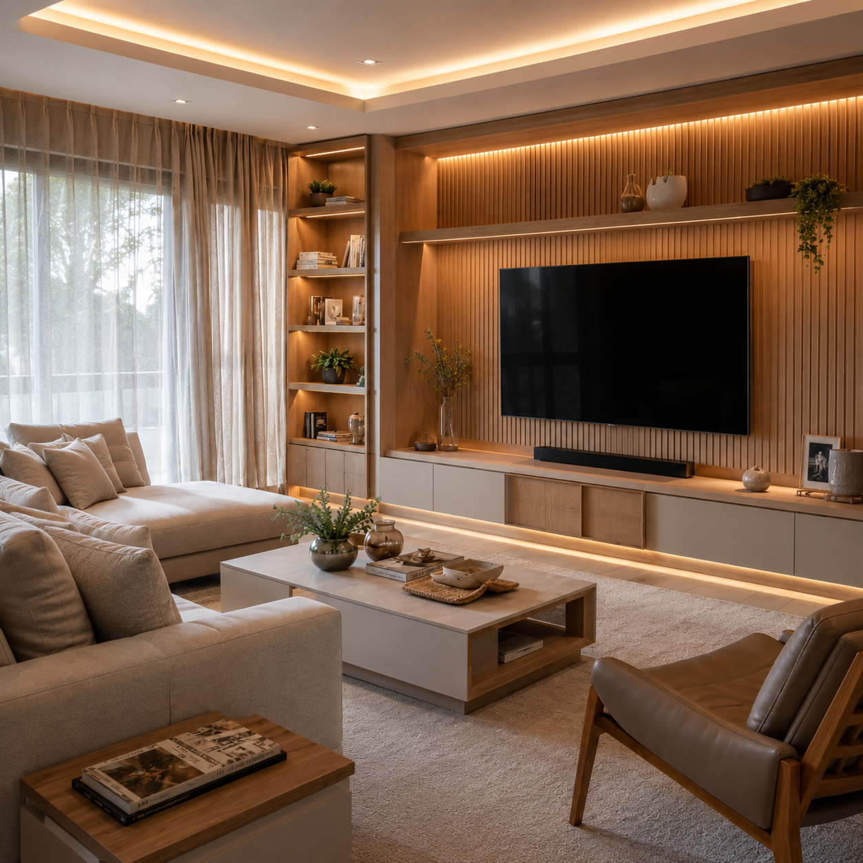 Sala de estar com home theater planejado pela Excellence